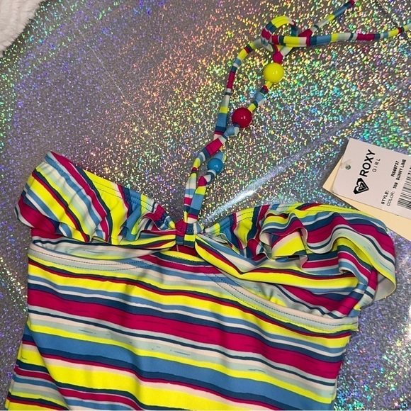 Roxy Girl Size 7 Little Girl Striped Ruffed Beads Colorful Swimsuit NEW NWT - Picture 8 of 9